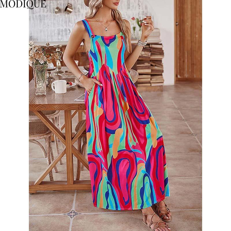 MODIQUE 2025 Summer Plus Size New Women's Sexy Casual Colorful Printing Sleeveless Slip Long Dress Ladies A-Line Folk Hot Dress
