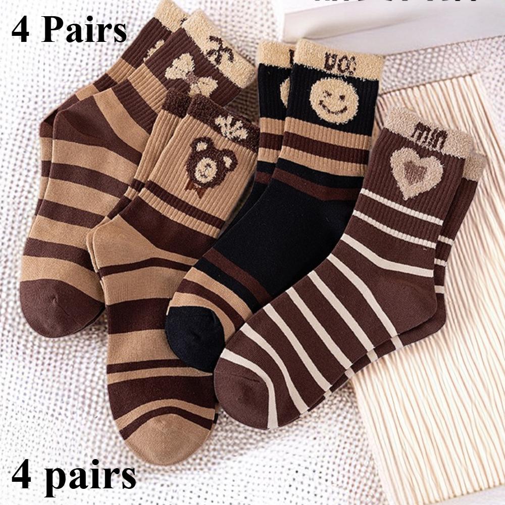 4 Pairs Autumn and Winter New Brown Maillard Socks Women's Light Luxury Style Ins Trendy Socks Love Bear Warm Raw Edge