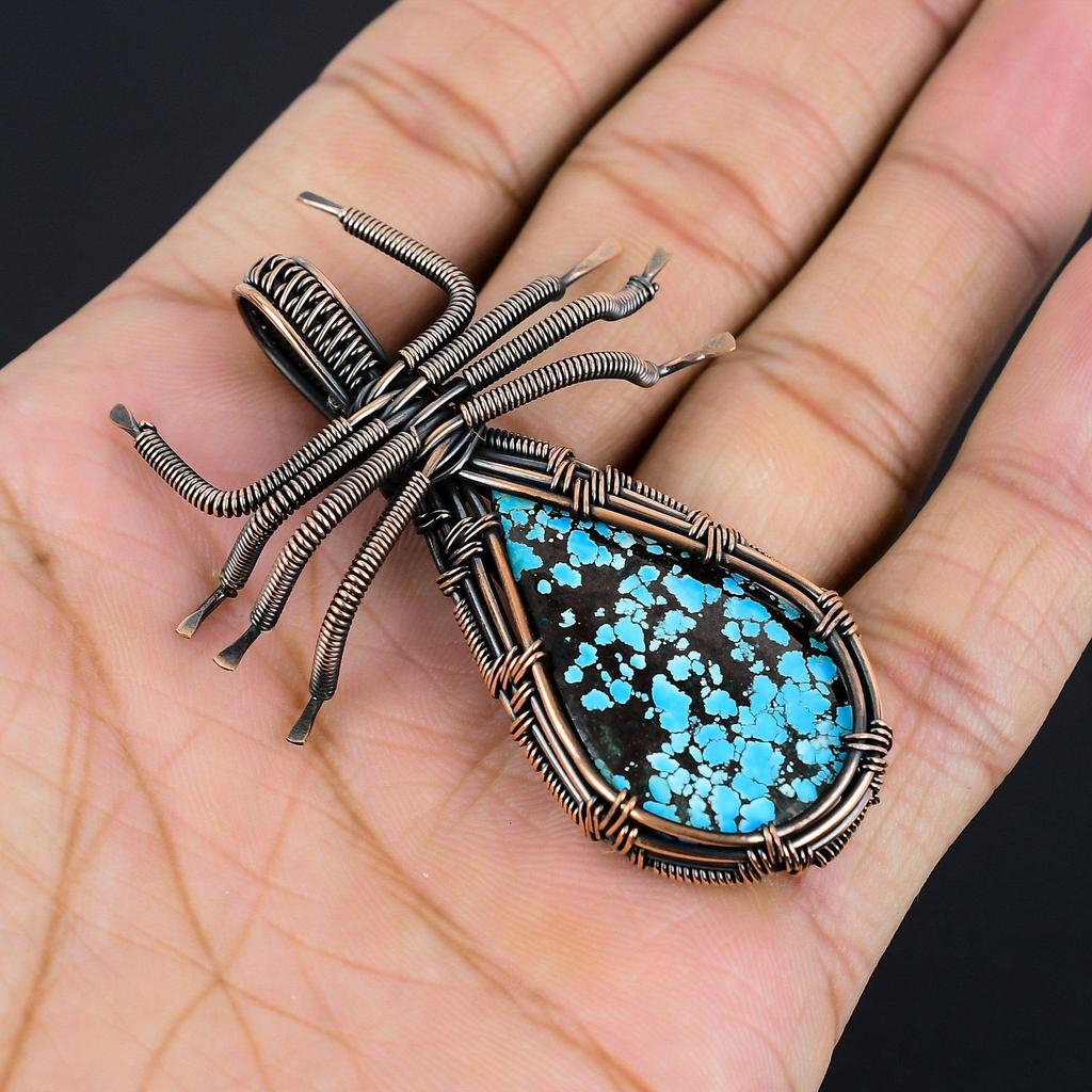Blue Turquoise Handmade Gemstone Pendant, 999 Copper Wire Wrapped Antique Jewelry Pendant, For Engagement Gift