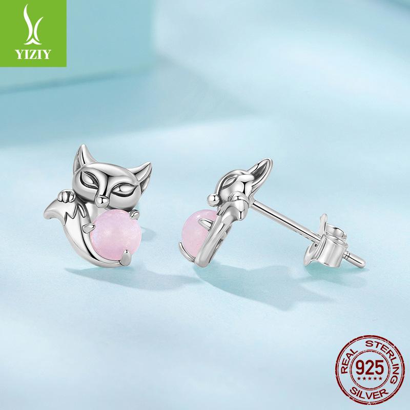 S925 Sterling Silver Pink Fox Stud Earrings, Exquisite And Small Animal Stud Earrings For Women