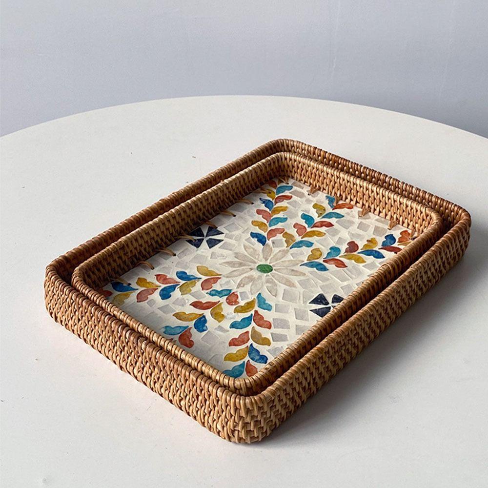 2pcs Rectangular Weaving  Storage Tray Handmade Fruit Dish Basket  Organizer Tray