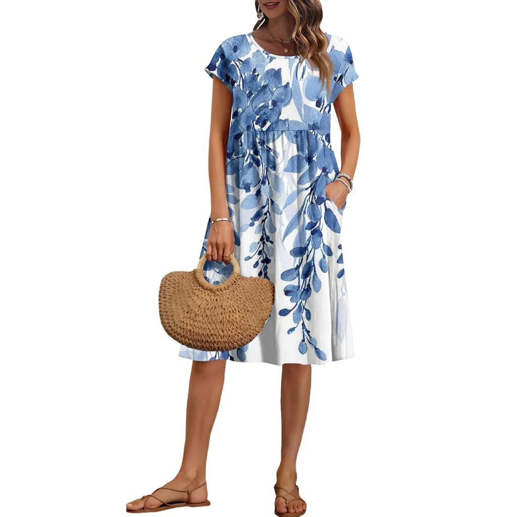 Women's Summer Fashion Casual Round Neck Short Sleeve Floral Print Dress