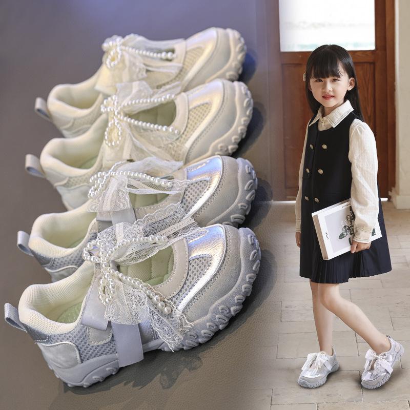 Lightweight Non-Slip Back To School Children Running Sandals Summer Kids Sport Sneakers for Girl Pearl Lace Mary Jane Flats