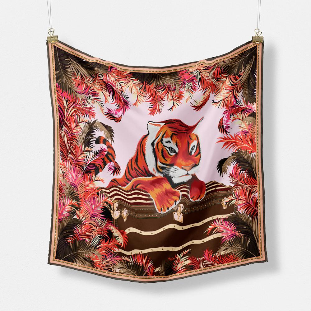 Twill Silk Scarf Woman Giraffe Painting Square Scarves Wraps Bandana Small Hijab Silk Foulards Tie Headband Neckerchief 53CM
