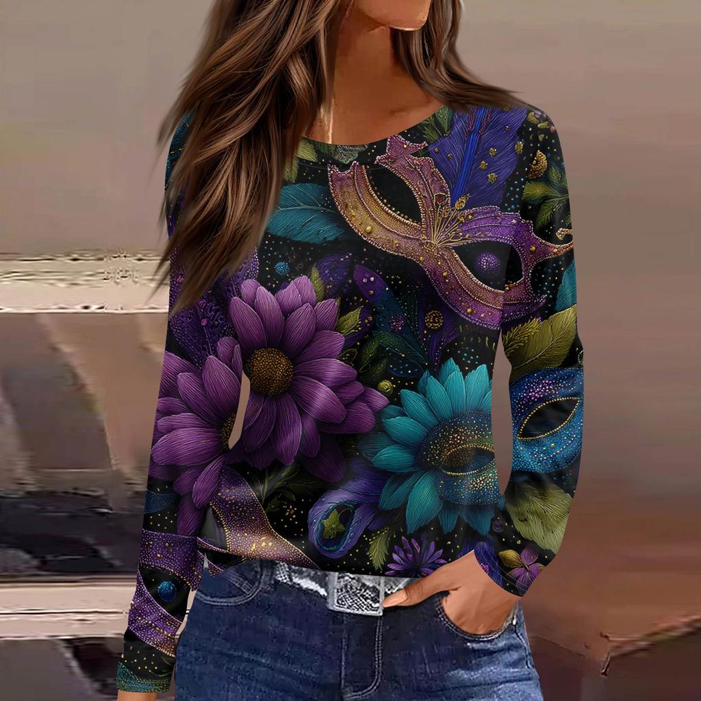 Women's Fashionable Casual Neck Long Sleeve Hem Split Carnival Print T-Shirt Top