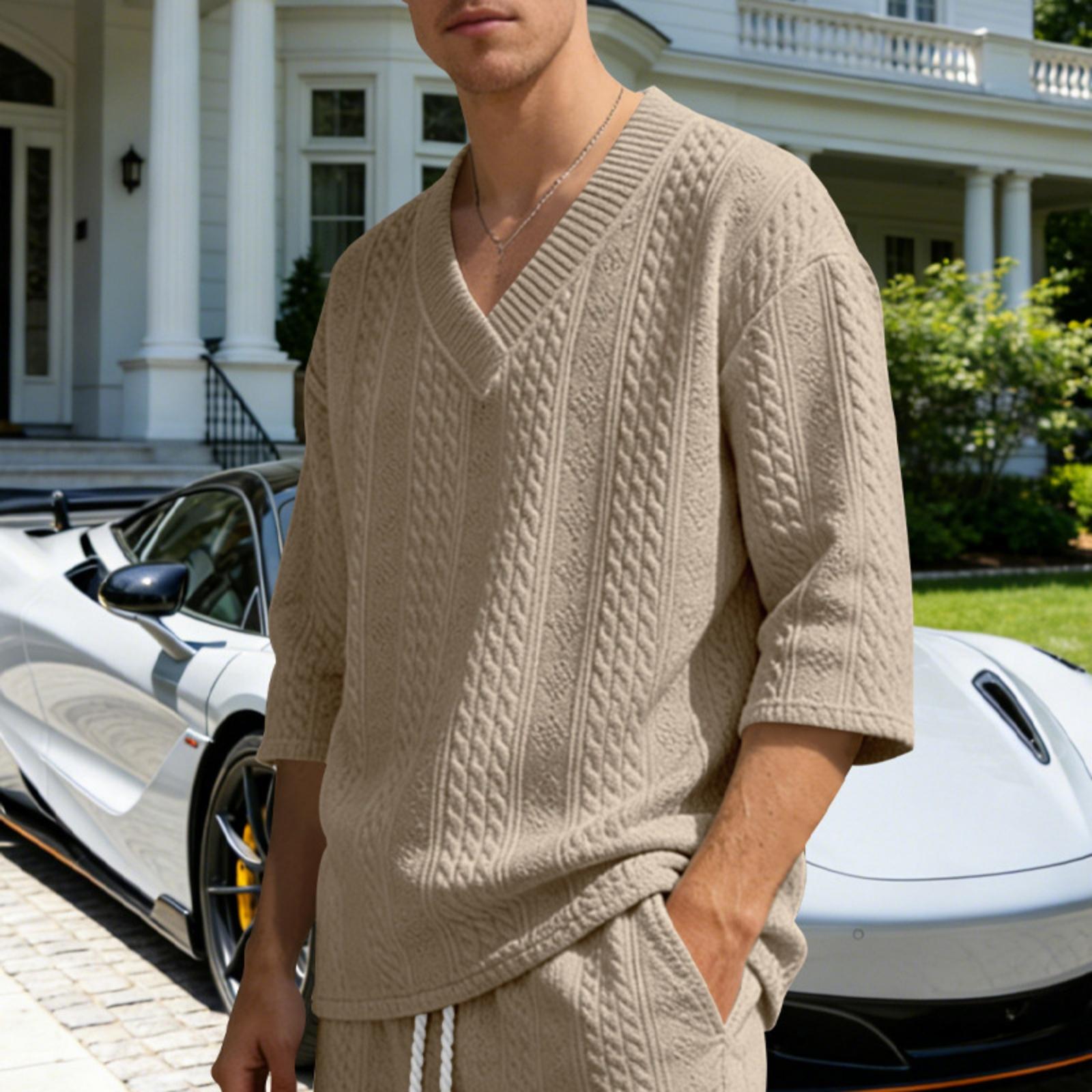 Men s Casual V-Neck Three-Quarter Sleeve T-Shirt Loose Fit for Everyday Wear XXXL