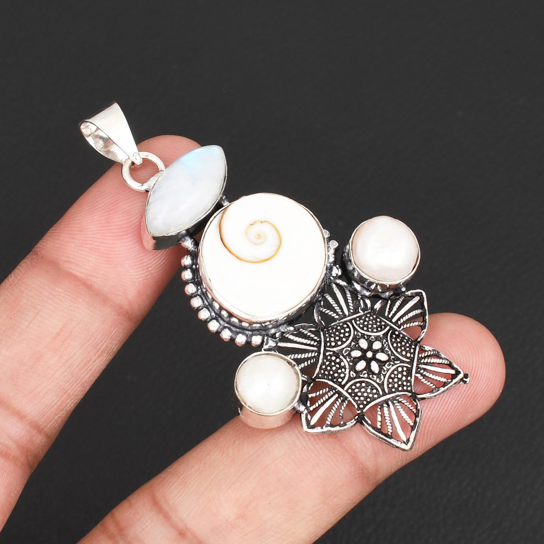 925 Sterling Silver Shiva Eye Shell Pendant with Moonstone & Pearl Bohemian Multi-Gemstone Statement Jewelry for Women