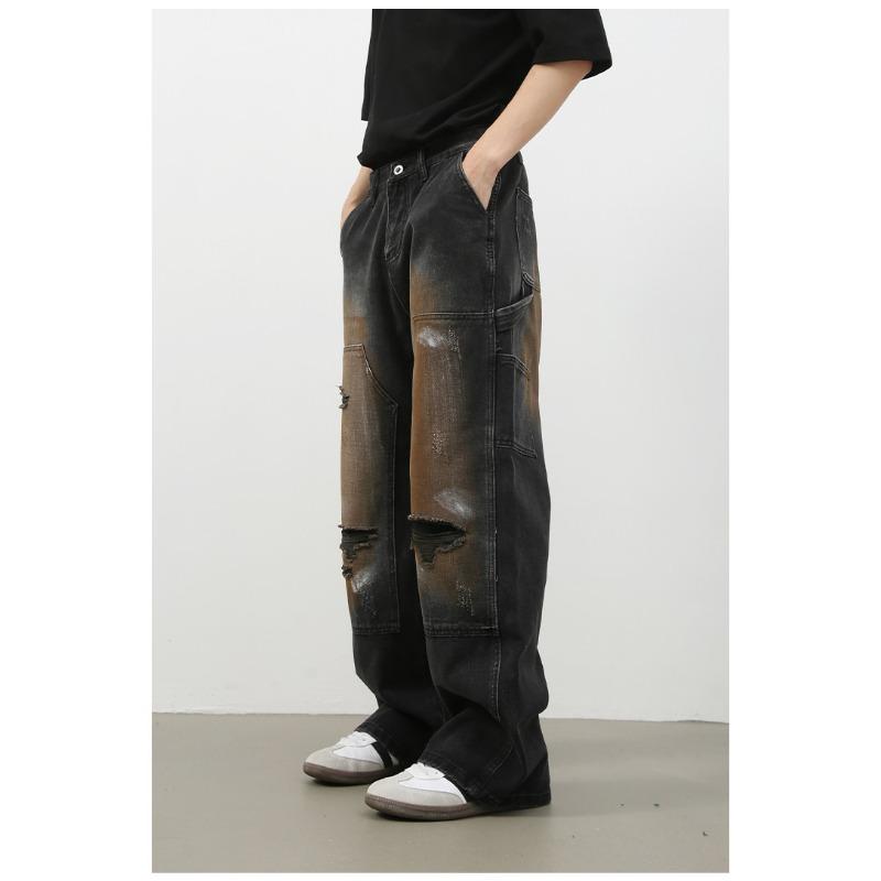 Street Retro Lumberjack Jeans Men's High Street Broken Hole Loose Straight Pants Straight Loose Jeans for Men Fashionable and Comfortable Pants