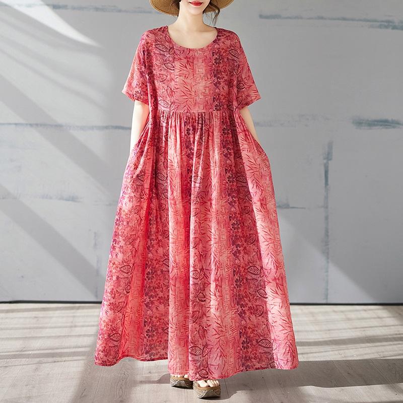

Новое хлопковое винтажное платье с цветочным принтом больших размеров с коротким рукавом для женщин, повседневное свободное длинное летнее платье