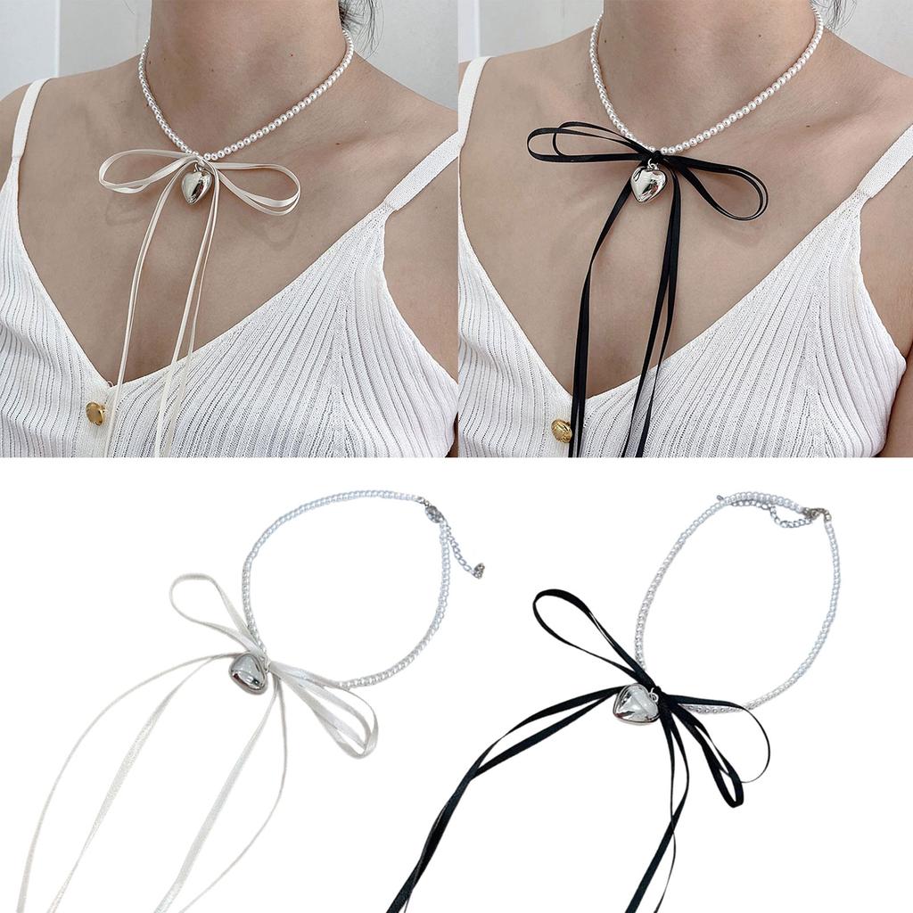 Fashionable Bowknot Heart Necklace Adjustable Length Clavicle Chain Imitation Pearls Beaded Choker for Everyday Wear