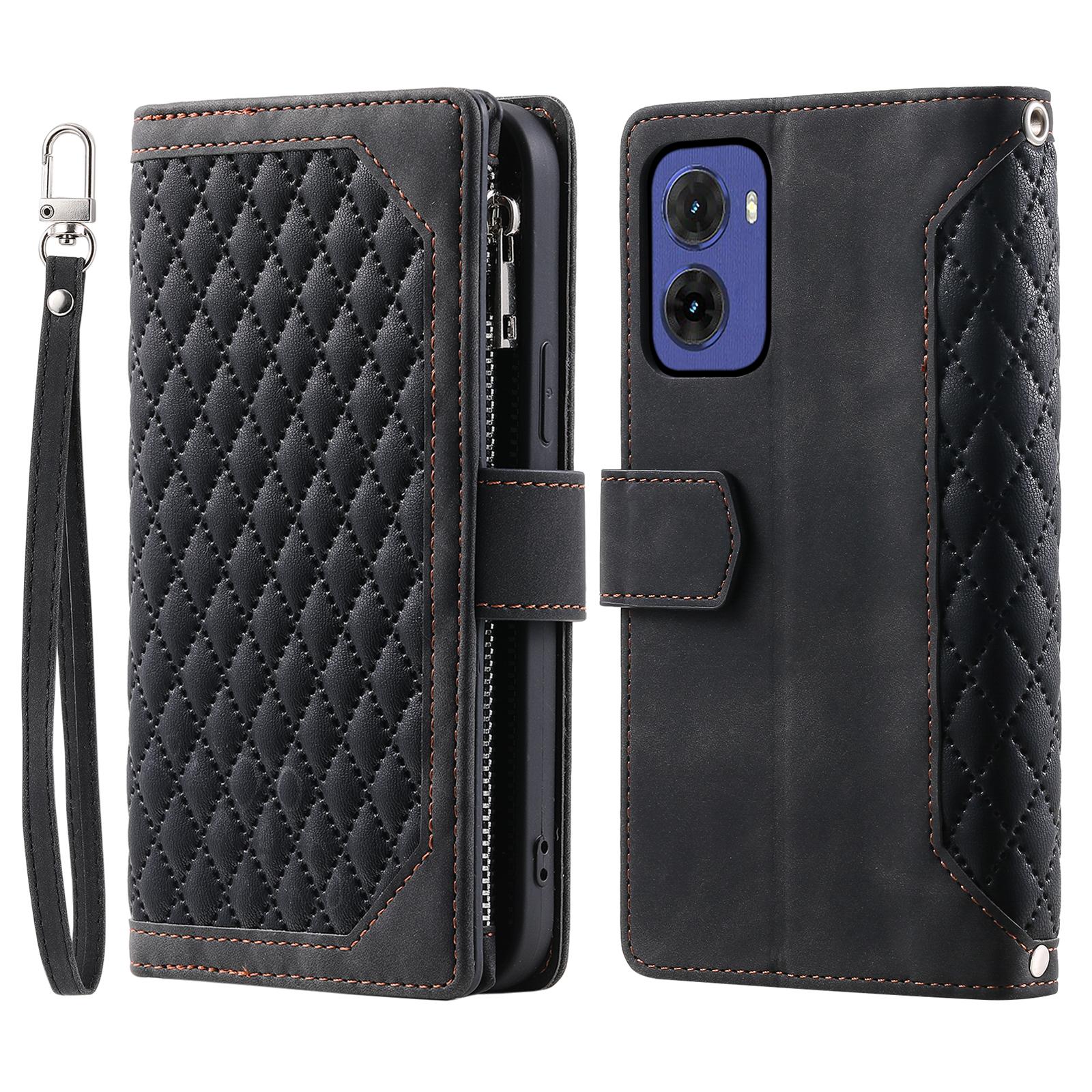 

Style 005 For Motorola Moto G05 4G Wallet Case Rhombus Stitching Line PU Leather Phone Cover Black