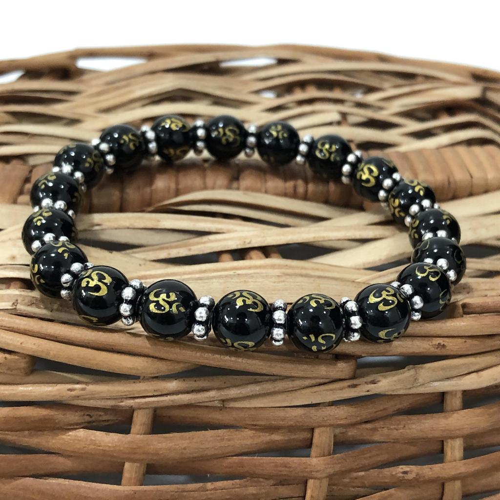 Black Onyx OM Beads Stretchable Bracelet 7.5" , Good-Luck Beads Bracelet For Your Love, Handmade Jewelry, Unisex Gift CSB-42