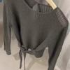 Loose and thin long-sleeved niche gray blouse women's clothing autumn new retro hollow fashionable knitted sweater women