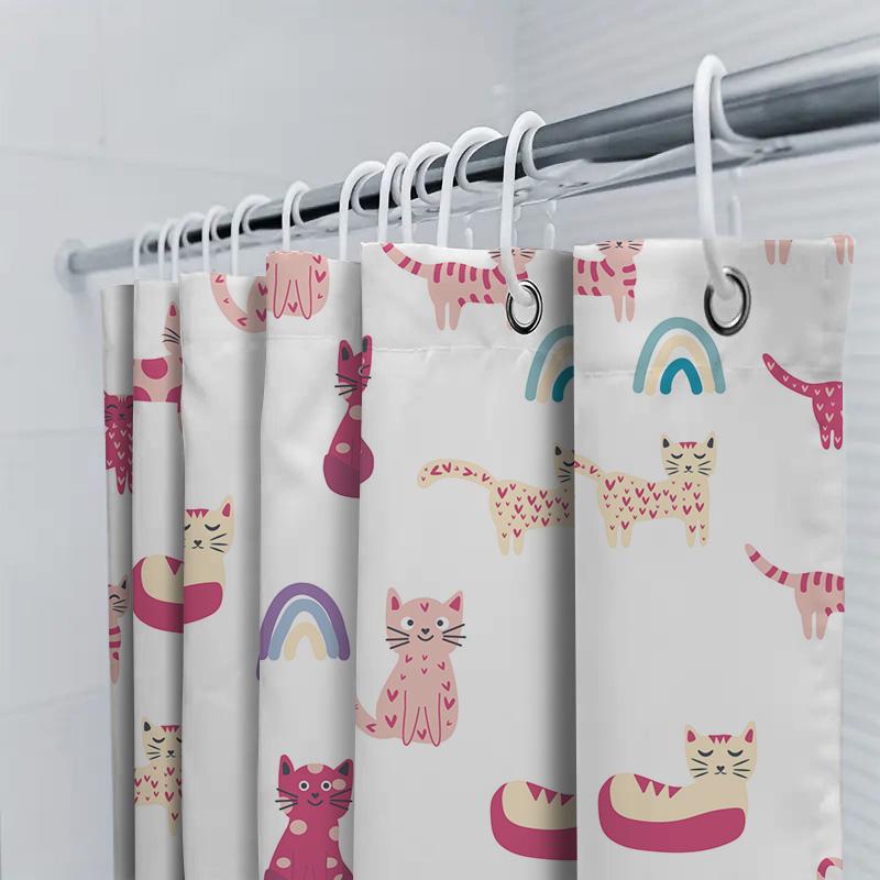 Cute Cat Print Shower Curtain Fabric Decor Pink Rainbow Flowers Pets Cartoon Bathroom Liner Home Accessories 3D Printed Plastic