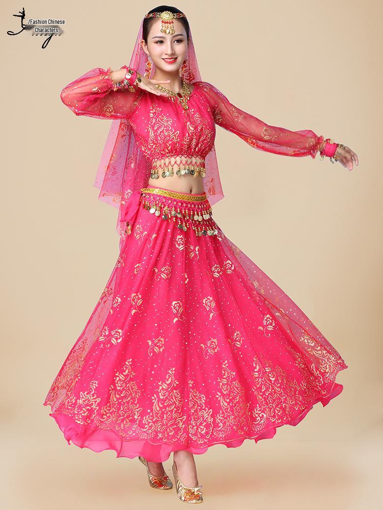 Fantasia de Apresentação de Dança do Ventre Indiana Huayu - Conjunto de Vestido de Manga Comprida de Chiffon para Mulheres
