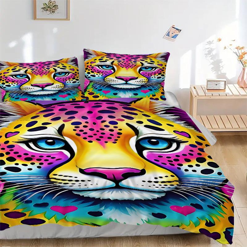 

3PCs Colorful Leopard Print Design Cover Set, Breathable Fabric, Machine Washable (1 Duvet Cover + 2 Pillowcases) (Without Quilt) yy250911157 135x200cm