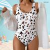 Women Plus Size White Printed Scoop Neck Wide Straps High Cut One Piece Swimsuit