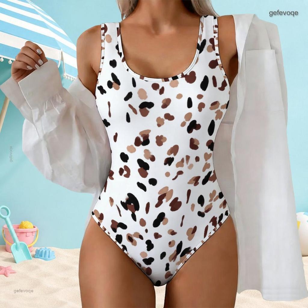 Women Plus Size White Printed Scoop Neck Wide Straps High Cut One Piece Swimsuit