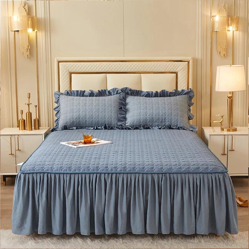 Solid Color Quilted Polyester Bed Sheet Bed Skirt Dual-use Bed Cover Simple Princess Style Kit Non-slip Dust-proof MattressCover
