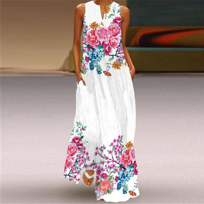 2024 Retro Print V-Neck Sleeveless Long Dress – Multicolor Summer Skirt