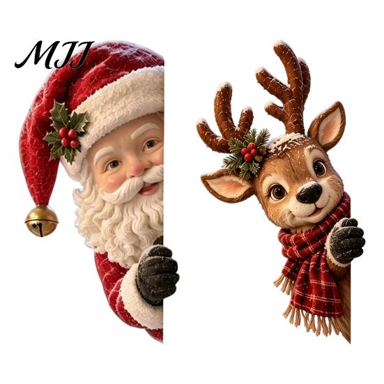 Peeking Christmas Window Decor Vintage Decor, 3D Carved Santa Reindeer Holiday Themed Party Ornament with Hidden Suction Cup, Glass Decoration