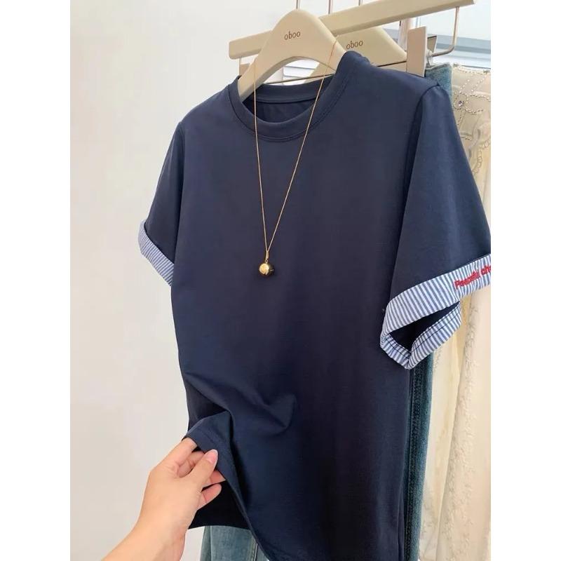

Navy Blue Round Neck Right Shoulder Short Sleeve T-shirt Women s High-end Loose Cotton Top Summer 4XL темно-синього кольору