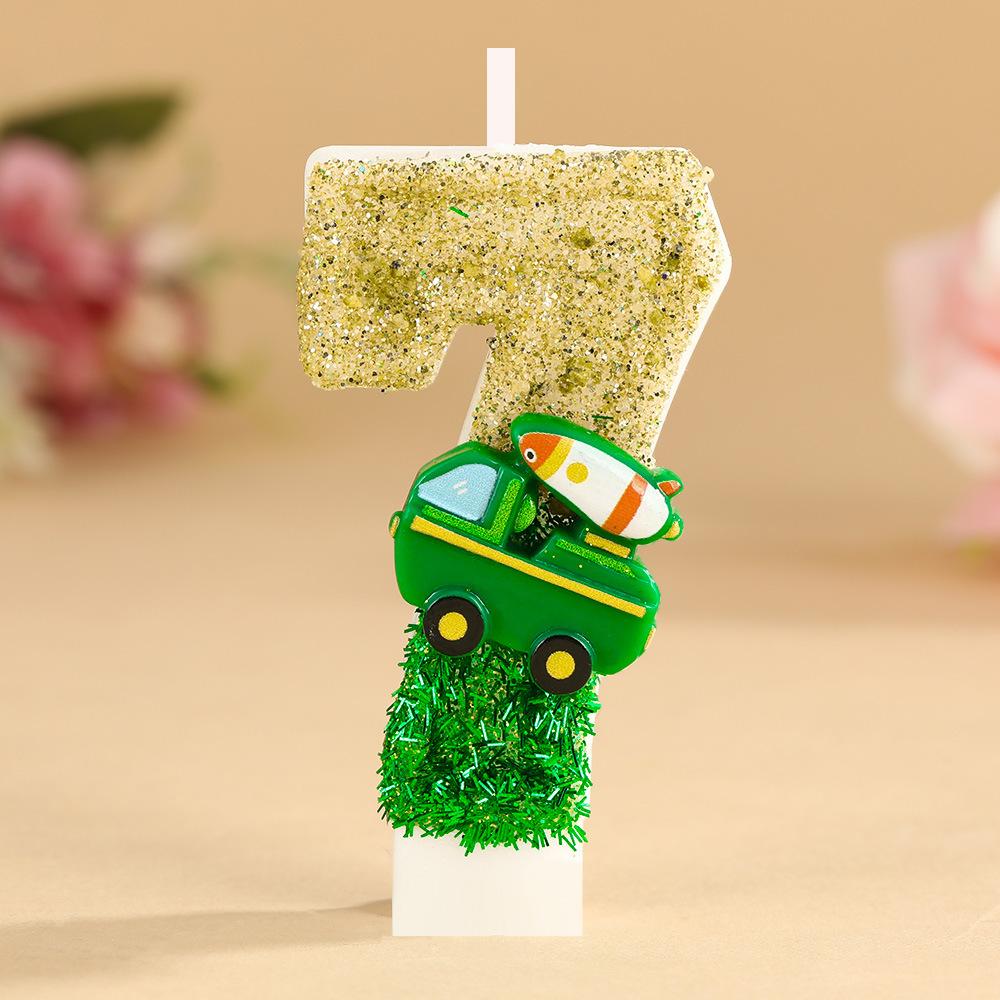 Number Birthday Candle 0-9 Set for Cake Decoration Kids Party Baking Supplies Glitter Finish with Toy Vehicle Detail