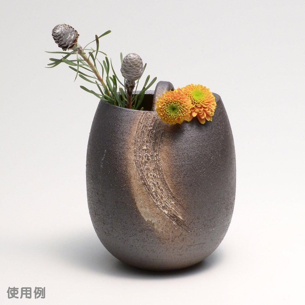 Shigaraki ware Hechimon flower vase, large, with handle, brown, sandy comb pattern, ceramic, MR-1-2538