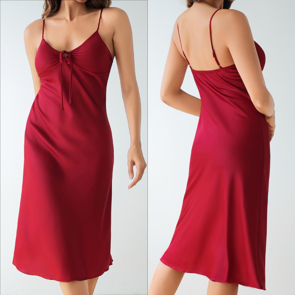 Sexy Trägerlanges Nachthemd Einfarbig Satin Damen Nachtwäsche Intime Dessous Nachtkleid Eis-Seide Zuhause mit Brustpolster Kleid Loungewear