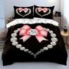 3PCS Bedding Set Pink Bow Diamond Heart Print Duvet Cover Pillowcases Shiny Crystal Style Black Background Bed Linen for Girls