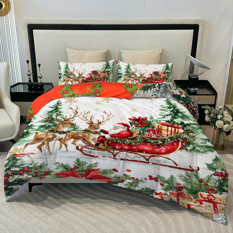 3PC Sled Elderly Duvet Cover Cute Elk Set Bedding Set (1Duvet Cover&2Pillowcases) Christmas Furniture Decor No Filler/Core