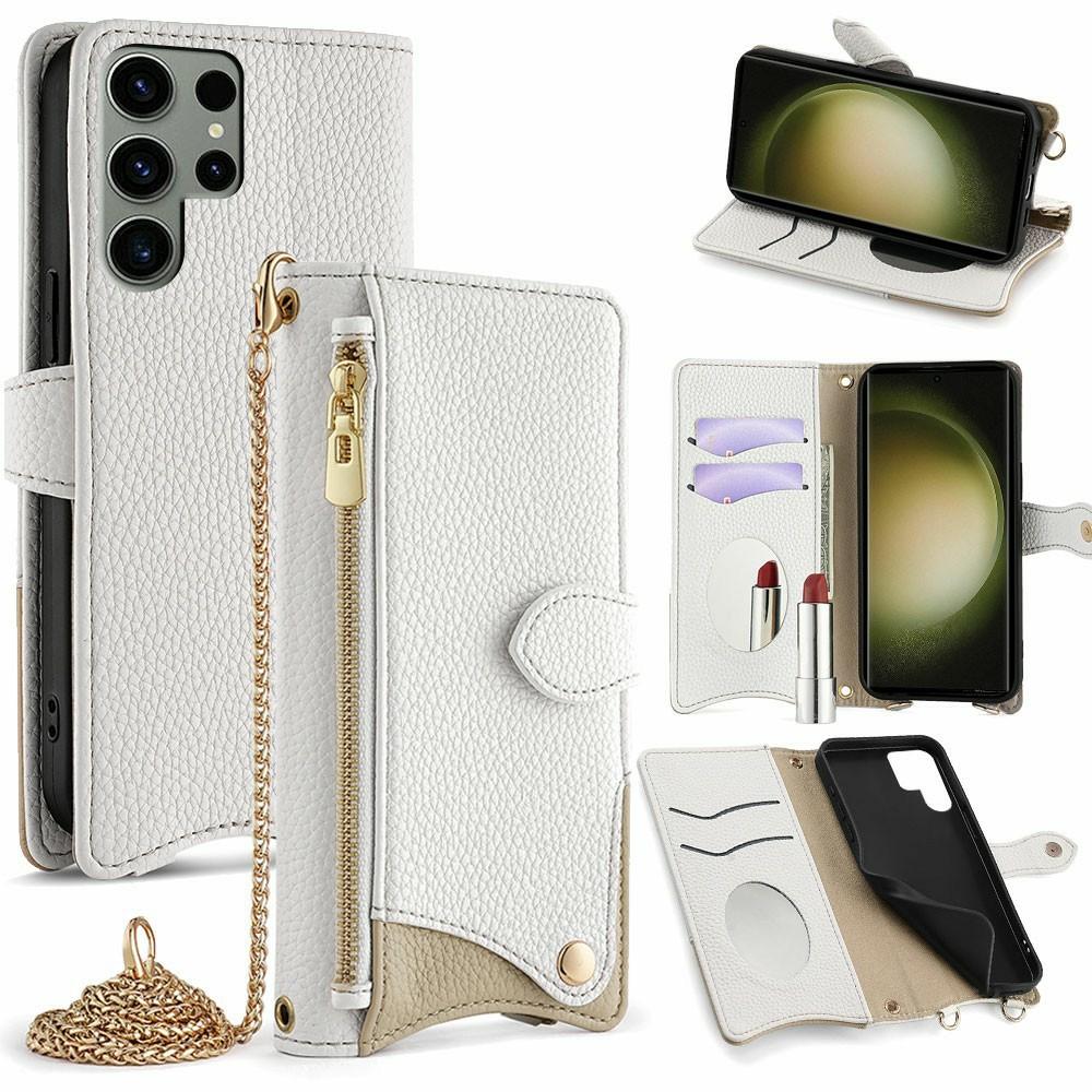 

For Samsung Galaxy S25 Ultra Leather Case Wallet Stand Cover Irregular Tail Style with Chain Strap White