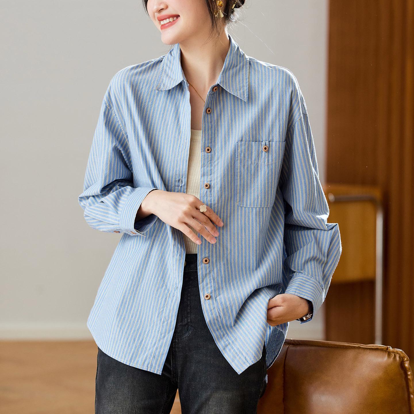 Women s Artistic Retro Blue Striped Long Sleeve Cotton Shirt - Spring/Autumn 2026 Collection M