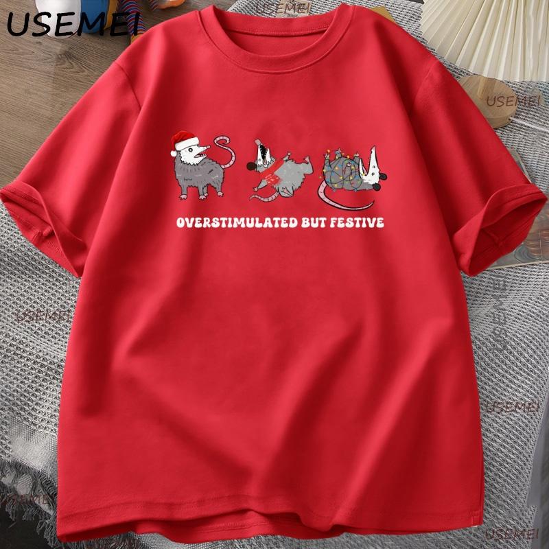 Overstimulated But Festive Possum Christmas Tshirt Funny Christmas TShirt Cute Animal Printed Cotton Short Sleeve T Shirt Tees S
