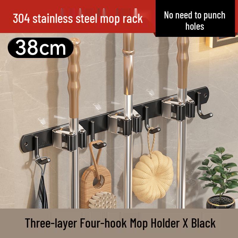 Stainless Steel Seamless Mop and Broom Storage Rack for Bathroom/Balcony Hook