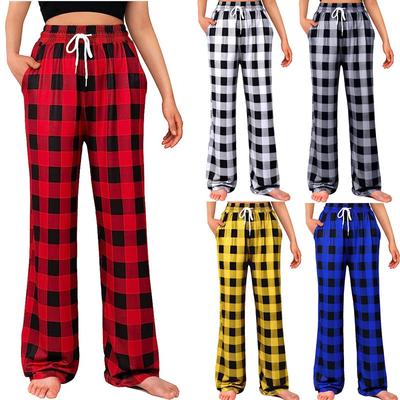 Womens Casual Pants Plaid Printed Pants Full Length Long Trousers Sports Pants