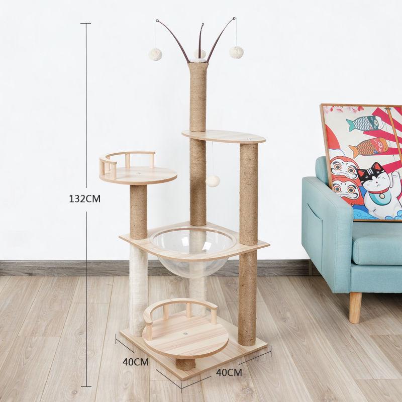 Solid Wood Cat Tree with Bed, Scratching Post, and Bubble Perch for Kittens