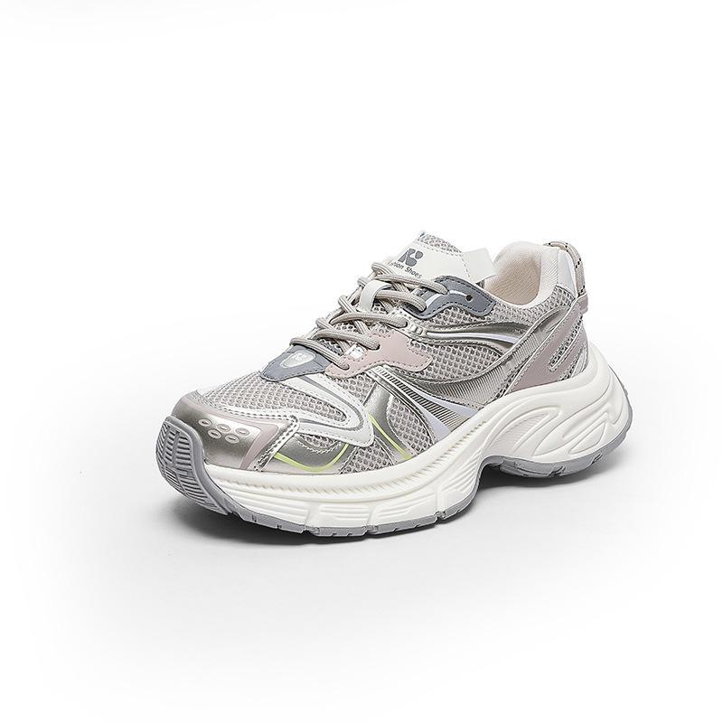 Thick Heel Thick Sole Color Matching Dad Shoes Women's Spring New Silver Retro Leather Breathable Casual Sports Shoes