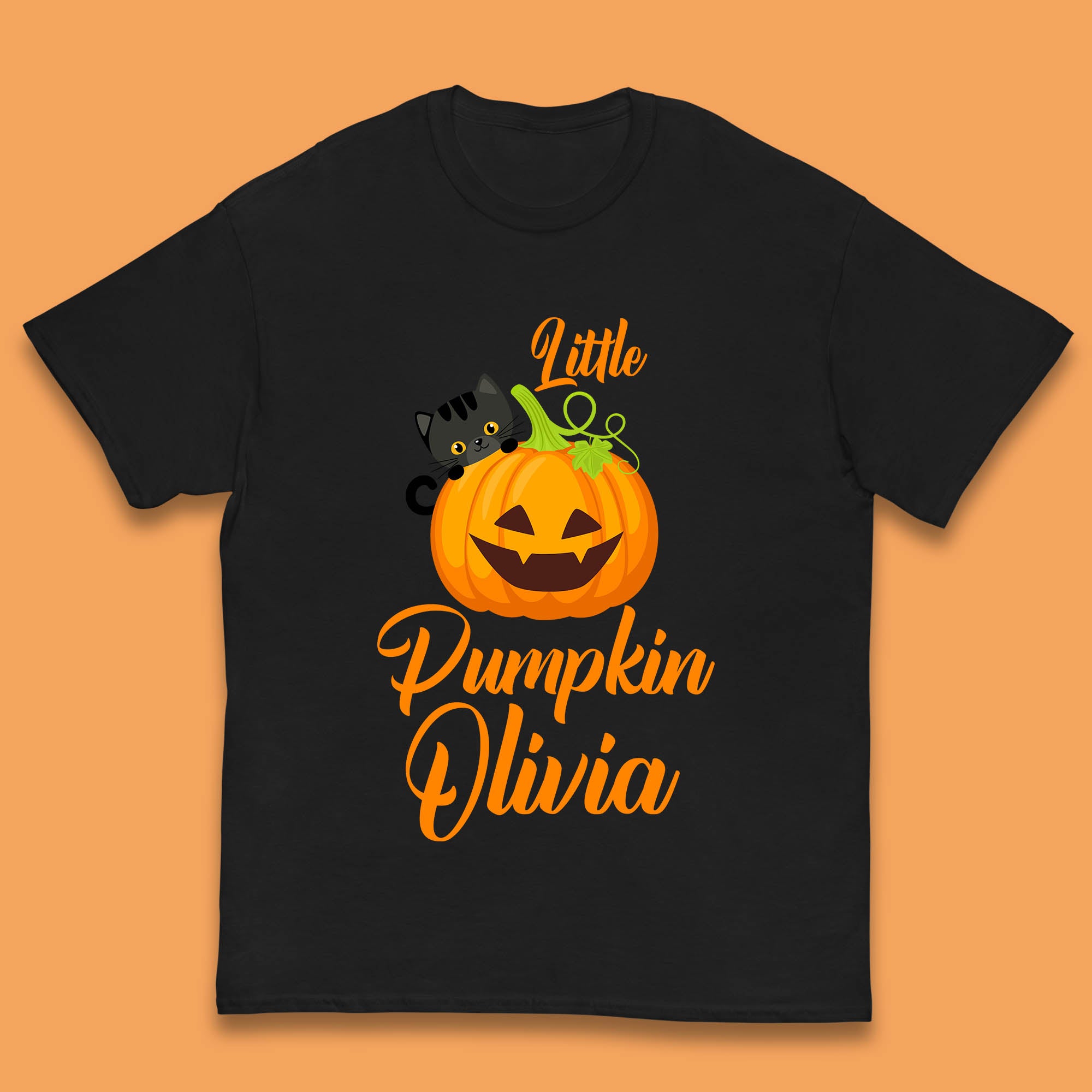 Personalised Little Pumpkin Your Name Black Cat Witch On Pumpkin Kids T Shirt 130
