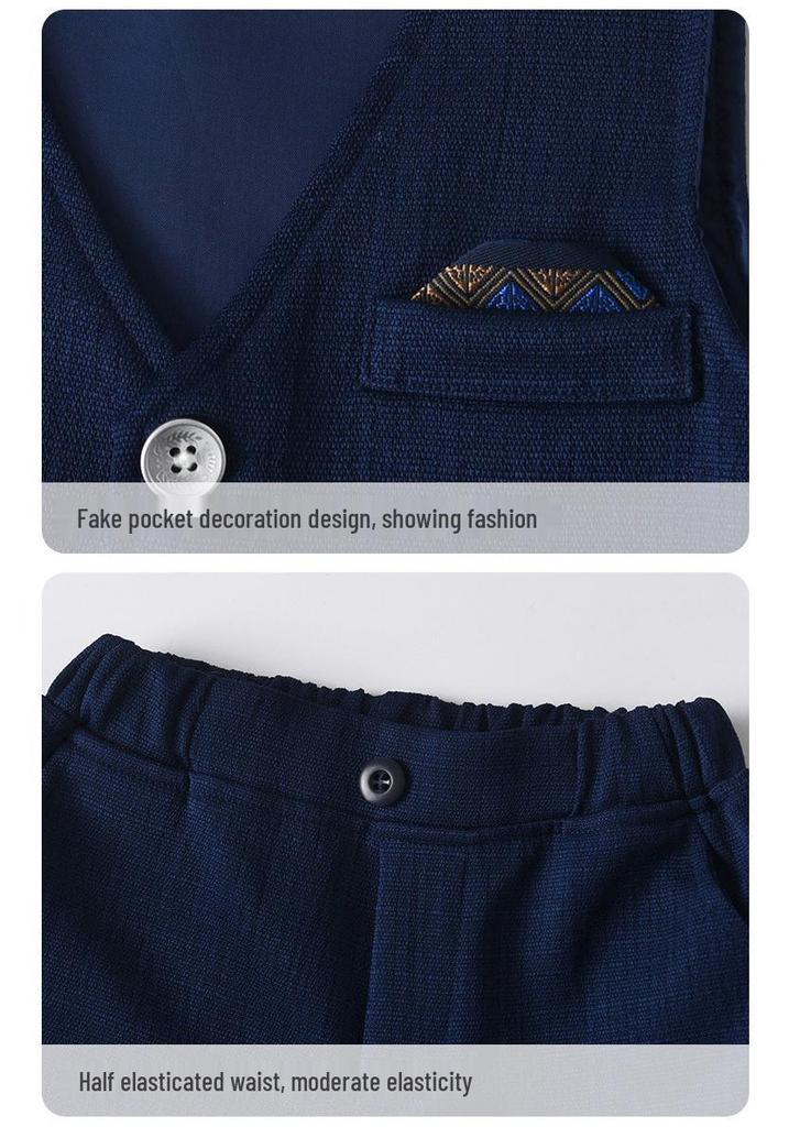 Completo estivo per bambini in stile britannico: Camicia a maniche corte, Pantaloncini, Gilet per ragazzi.