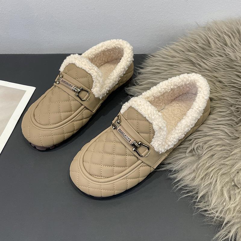 

Импортные туфли большого размера с коротким носком женские 2024 осень-зима новые повседневные мягкие подошвы бархатные теплые туфли Doudou женские 43 верблюд