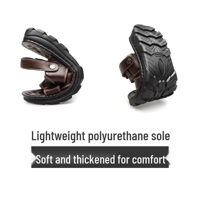 Men's Genuine Leather Casual Sandals - Versatile, Non-Slip, Perforated with Thick Sole for Outdoor & Beach Use