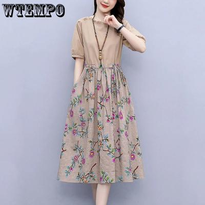 Vestido de Verão Feminino com Bolsos Estampado Gola Redonda Manga Curta Vestidos Midi Femininos Tamanho Grande Comprimento Médio Saia A-line