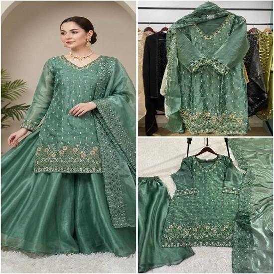 Enchanting Sage Green Organza Sharara Suit with Elegant Floral Zari Work  Description M