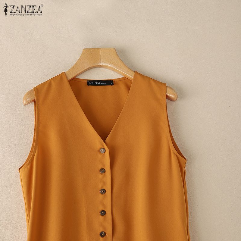ZANZEA Damen Casual V-Ausschnitt Sommer Ärmelloses Kleid