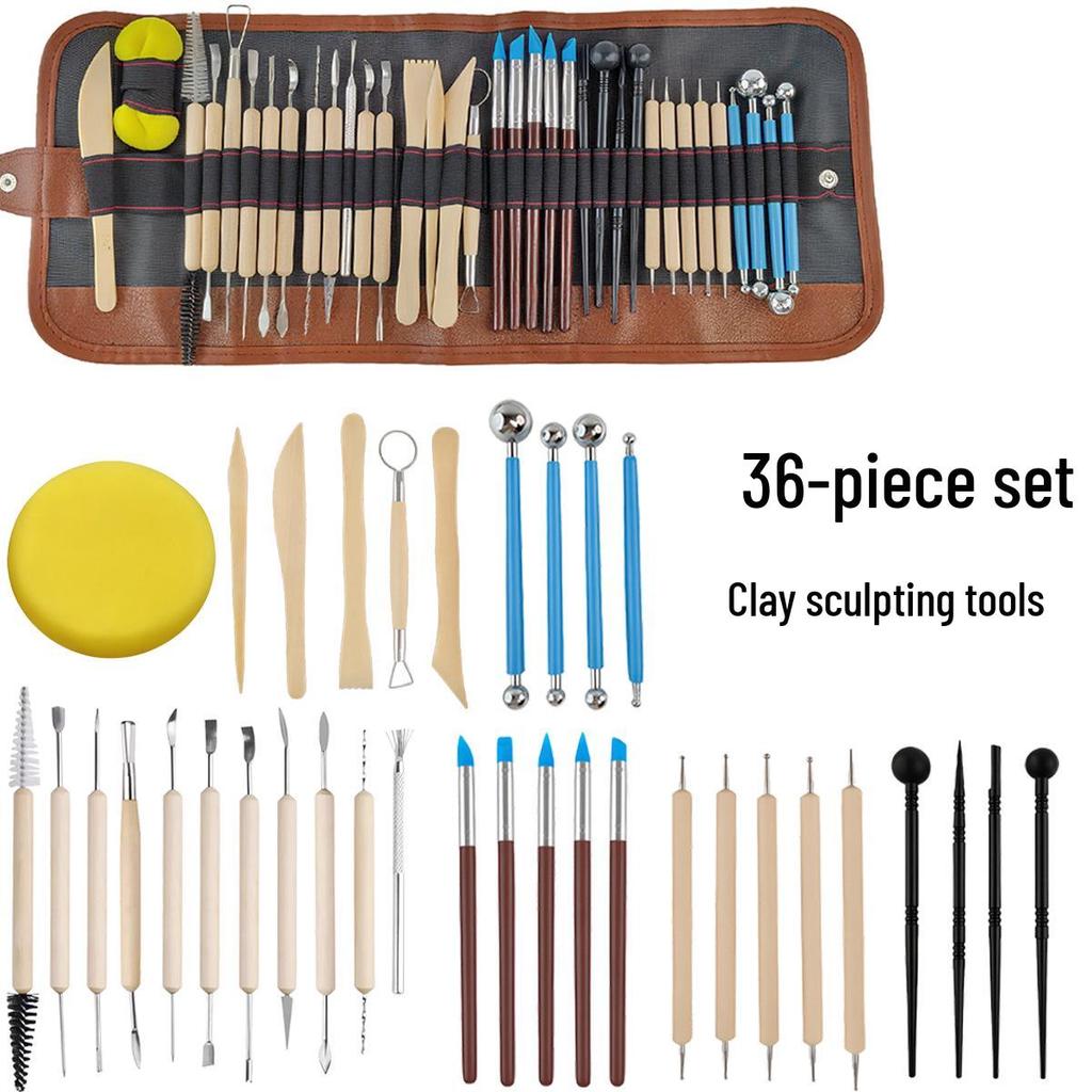36-Piece Pottery & Sculpture Tool Set with Roll-Up Bag