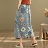 Denim Women Spring Midi Autumn Skirt Elastic Waist Floral Print Vintage Skirt Retro Elegant Ladiess Skirt With Pockets