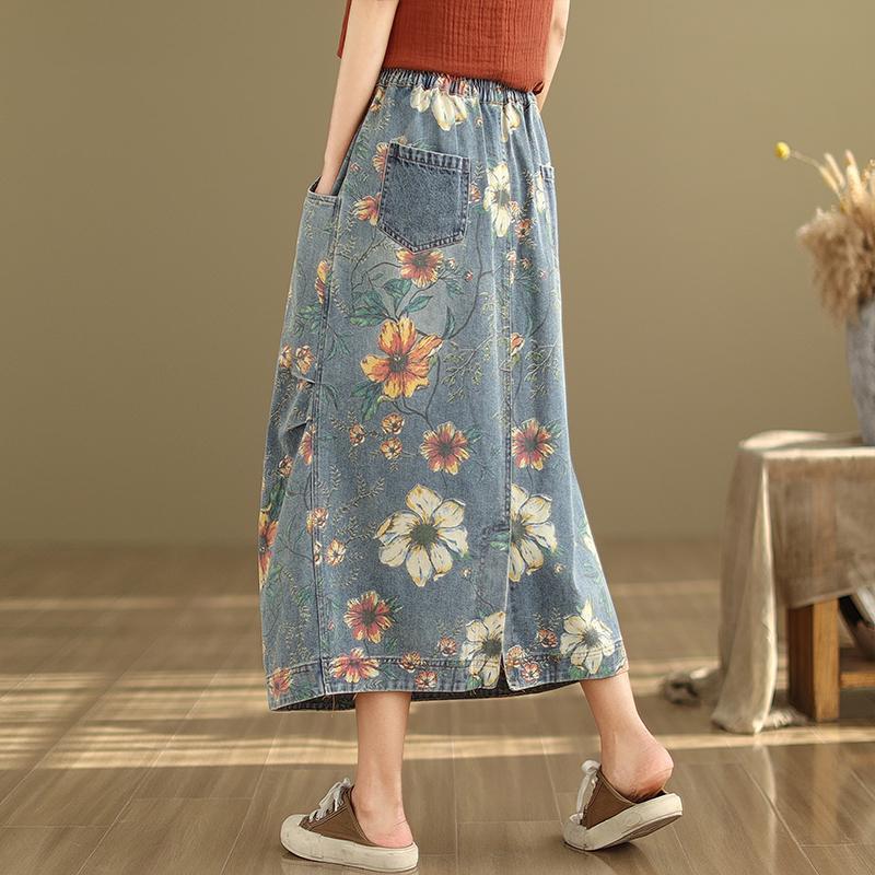 Denim Women Spring Midi Autumn Skirt Elastic Waist Floral Print Vintage Skirt Retro Elegant Ladiess Skirt With Pockets