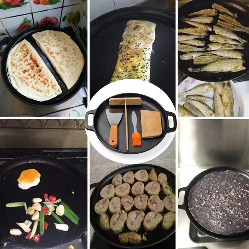 28cm Cast Iron Round Griddle For Crepes And Pizza with Dual Handles Pancake Pizza Pan Kitchen Outdoor BBQ Grill Cookware Fry Pan
