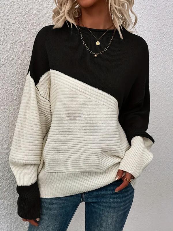 Women's Casual Color Block Long Sleeve Knit Sweater